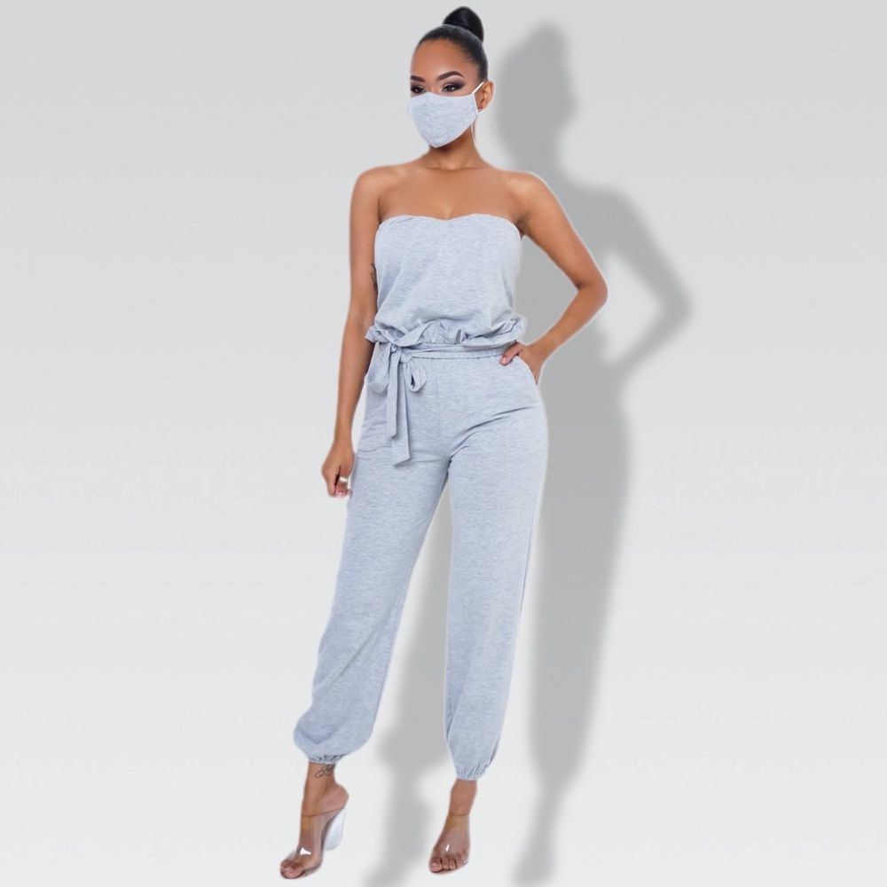 Gray Jumpsuit with Matching Mask